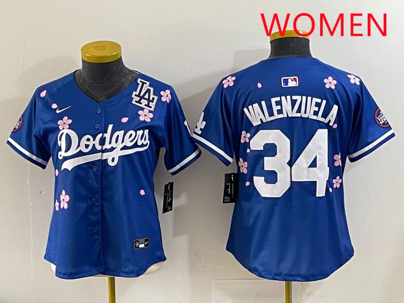 Women Los Angeles Dodgers 34 Valenzuela Blue Sakura Edition 2025 Nike MLB Jersey style 39
